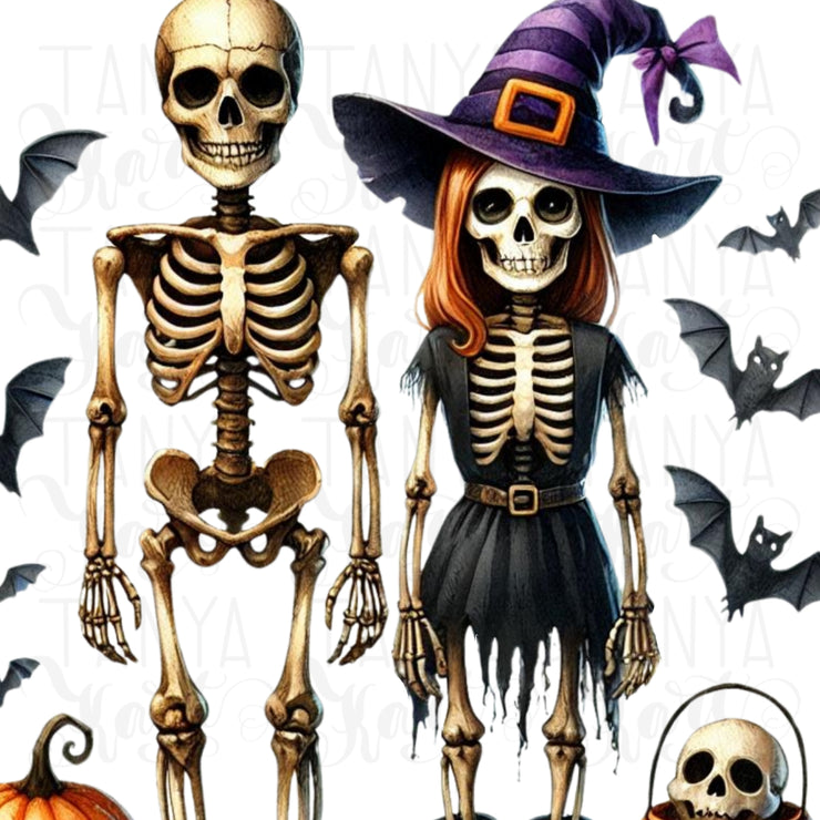 Halloween Skeleton Couple PNG Digital Prints for Card Making and Crafting, Hey Boo Sublimation, Transparent Designs, His and Hers