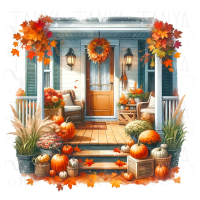 Autumn Porch Sublimation Print, Fall PNG Design for Crafting, Front Porch PNG Digital Download, Autumn Watercolor House, Transparent Design