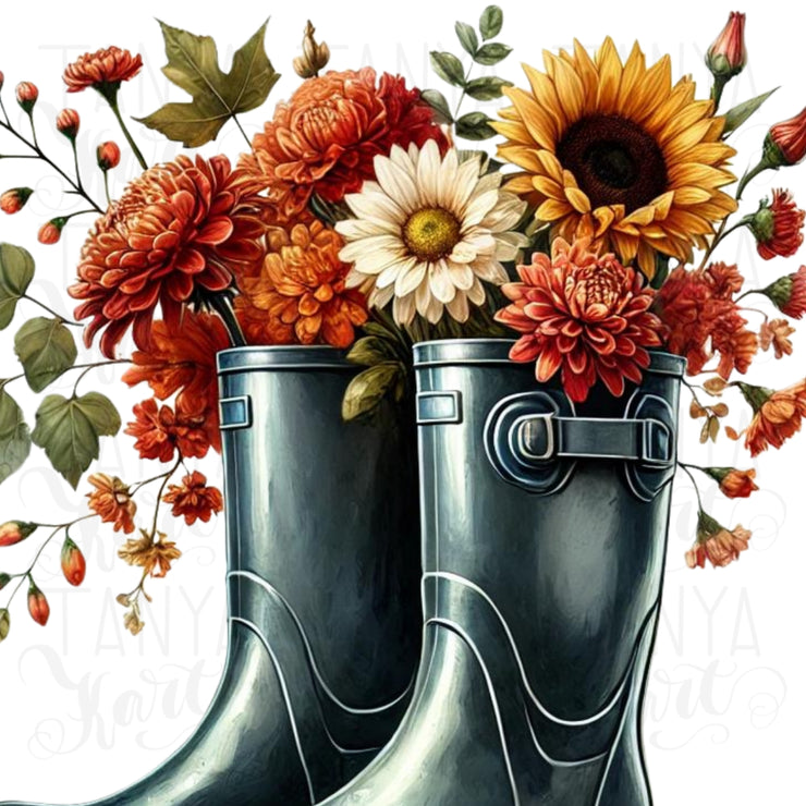 Rain Boots with Flowers & Floral Bouquet PNG, Cozy Autumn Digital Print, PNG Design, Transparent Sublimation, Rubber Boots PNG