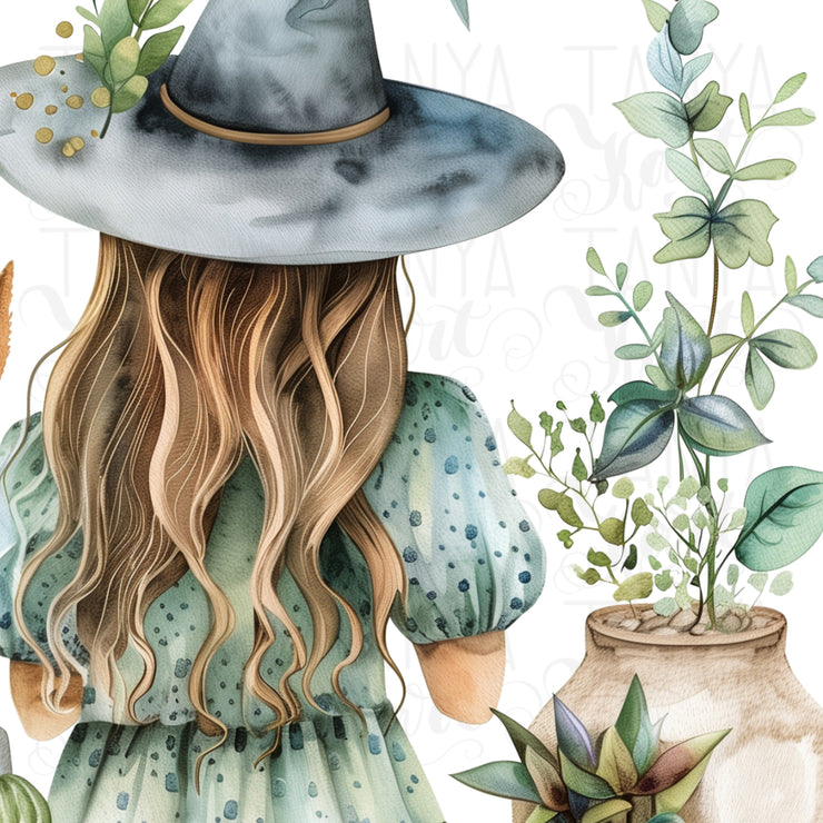 Gardening Witch PNG, Digital Prints, Mystical Artwork, Plant Lover Designs