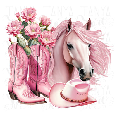 Cowgirl Boots PNG Digital Art, Hat and Pink Horse Design