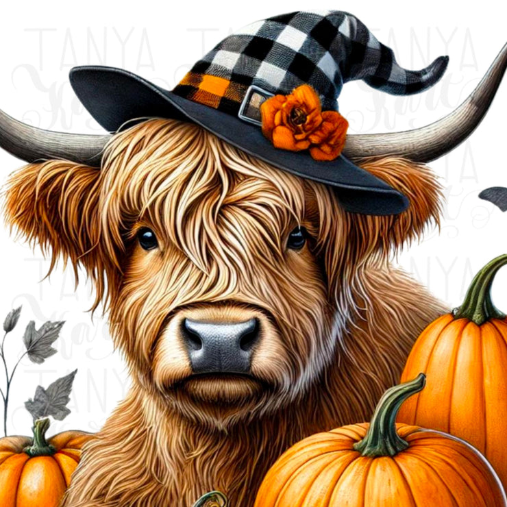 Autumn Highland Cow Digital Print for Crafting and Card Making, PNG Fall Pumpkin & Thanksgiving Sublimation Design for Tshirt, Tumbler