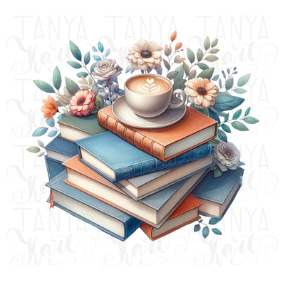 Books and Flowers Digital, Pastel Book & Coffee PNG