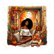 Autumn Reading Digital Print, Sublimation PNG for Crafting & Card Making, Fall Vibes Tshirt Designs, Transparent Autumn, Black Woman Autumn