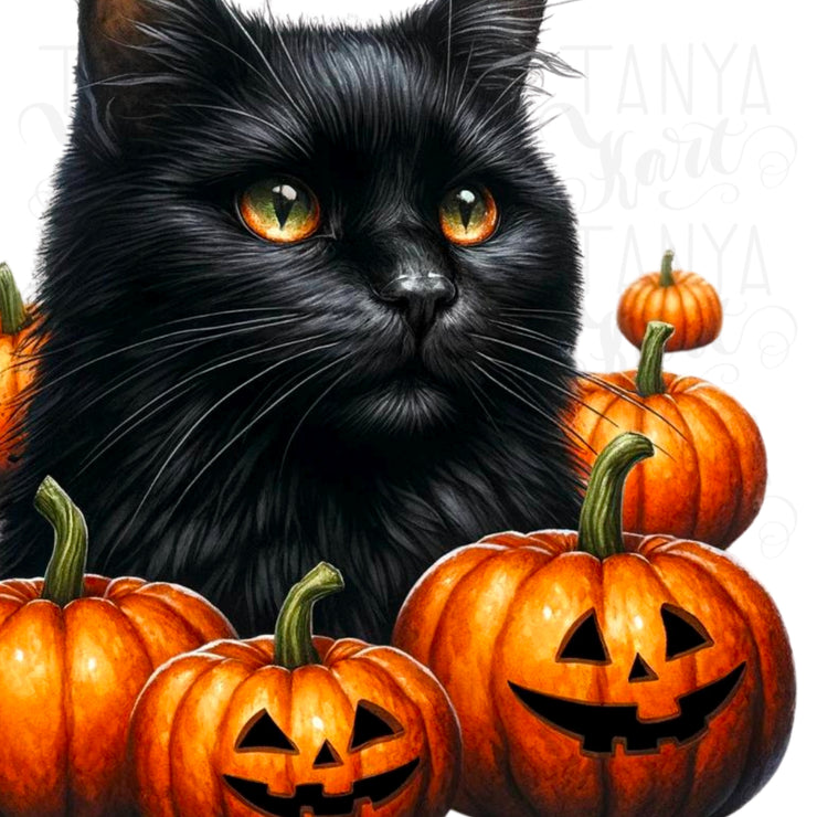 Black Cat with Pumpkins PNG Digital Prints for Fall Sublimation Crafting, Cat Lover PNG Designs, Black Cat and Pumpkin Crafting File