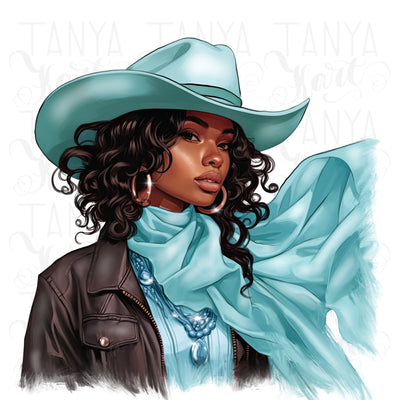 Turquoise Cowgirl, PNG Digital Download for Sublimation, T-Shirt Designs, Texas Cowgirl Hat for Crafting, Print on Demand, African American