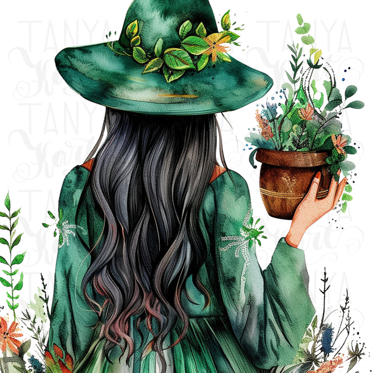 Plant Witch PNG Digital Print for Dark Academia Crafting, Transparent Sublimation Design, Green Witch for Card Making, DTF PNG File