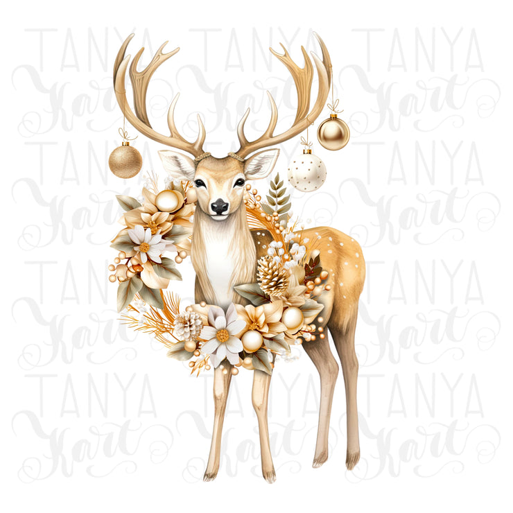 Christmas Deer Art Print, Winter Wreath Sublimation Download