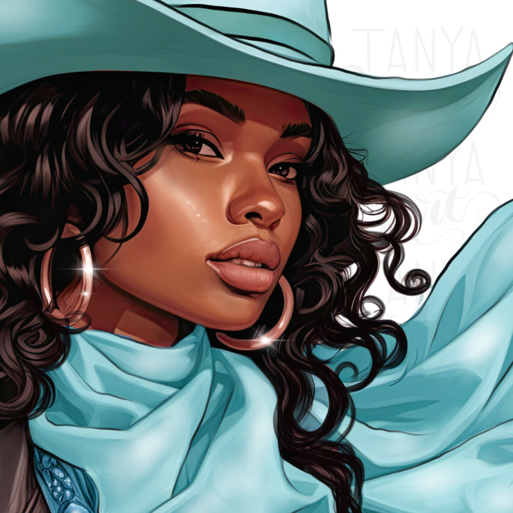 Turquoise Cowgirl, PNG Digital Download for Sublimation, T-Shirt Designs, Texas Cowgirl Hat for Crafting, Print on Demand, African American