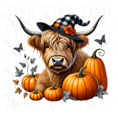 Autumn Highland Cow Digital Print for Crafting and Card Making, PNG Fall Pumpkin & Thanksgiving Sublimation Design for Tshirt, Tumbler