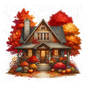 Autumn House PNG, Fall Leaves Sublimation Print, Crafting Files for Cozy Autumn Vibes, Autumn Tree Print, Transparent PNG Designs