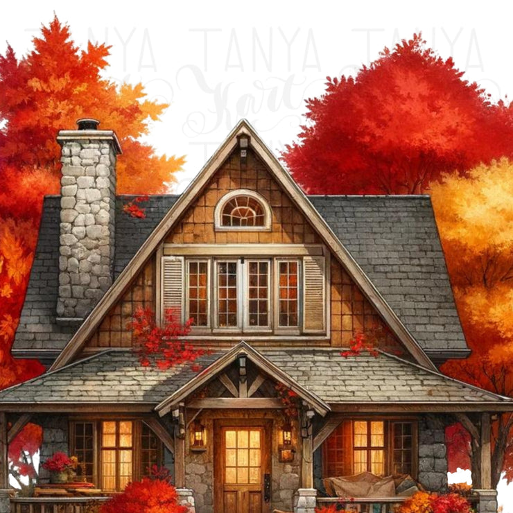 Autumn House PNG, Fall Leaves Sublimation Print, Crafting Files for Cozy Autumn Vibes, Autumn Tree Print, Transparent PNG Designs