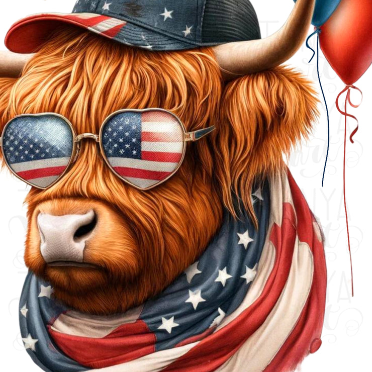 Patriotic Highland Cow Sublimation Design | Independence Day