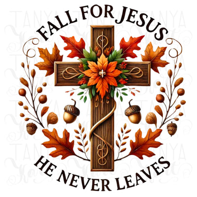 Fall for Jesus He Never Leaves Png, Christian Cross Sublimation Design, Autumn Leaves, Jesus Cross PNG, Christian Lover Sublimation File