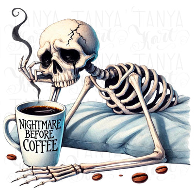 Nightmare Before Coffee PNG, Spooky Skeleton, Watercolor Coffee Mug, Funny Halloween Gift for Fall Vibes, Art Print, Spooky Season Decor