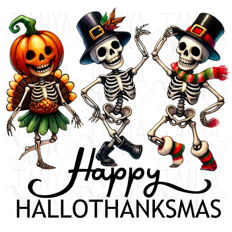 Happy Hallothanksmas PNG, Dancing Skeletons, Funny Halloween Designs, Thanksgiving, Christmas Sublimation Designs