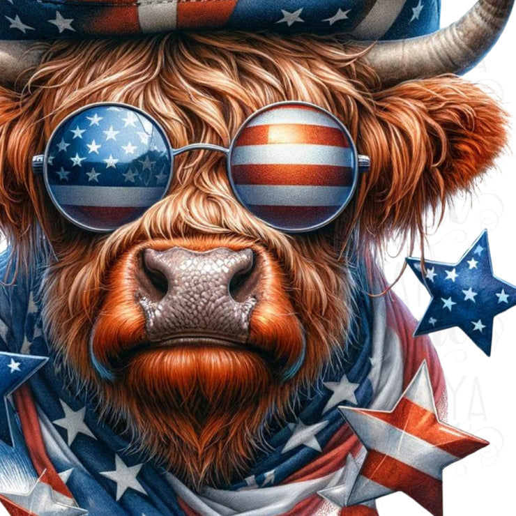 Highland Cow with Sunglasses, Memorial Day Freedom PNG