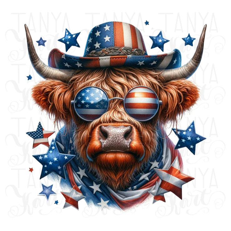 Highland Cow with Sunglasses, Memorial Day Freedom PNG