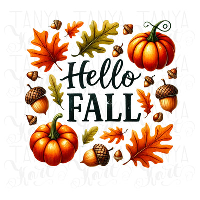 Hello Fall PNG, Cute Pumpkin and Leaves Digital Print, Pumpkin Season for Tshirt Designs, Transparent PNG Downloads