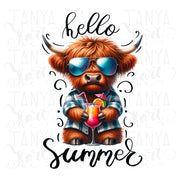 Hello Summer, Highland Cow Art, Tshirt Design Sublimation PNG