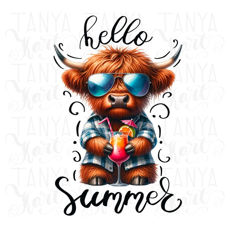 Hello Summer, Highland Cow Art, Tshirt Design Sublimation PNG