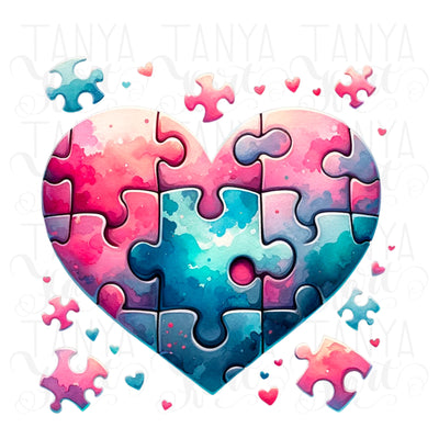 Watercolor Valentine, Heart Puzzle, Digital Download