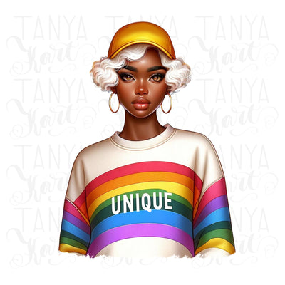 Unique Afro Girl, Rainbow Sticker, Black Queen Magic, Instant Download PNG