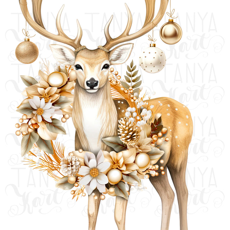 Christmas Deer Art Print, Winter Wreath Sublimation Download