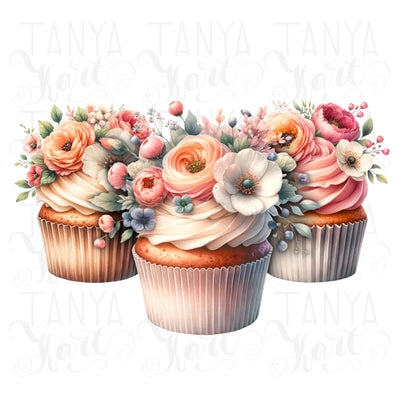 Watercolor Dessert Prints, Floral Cupcakes Png Instant Digital Download