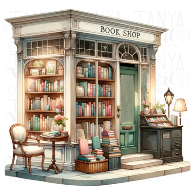 Watercolor Bookstore Illustration, Sublimation PNG Digital Download