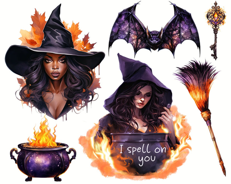 Spooky Halloween Witches PNG Clipart Bundle