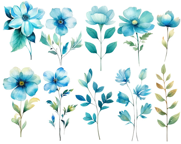 Watercolor Turquoise Flowers Clip Art