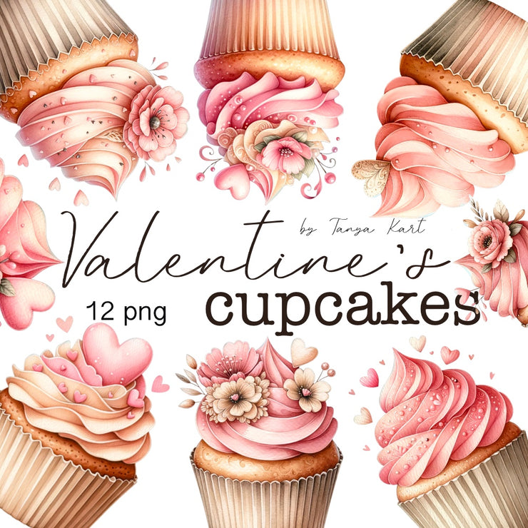 Watercolor Valentine's Day Cupcakes Clipart, Dessert Love Clipart