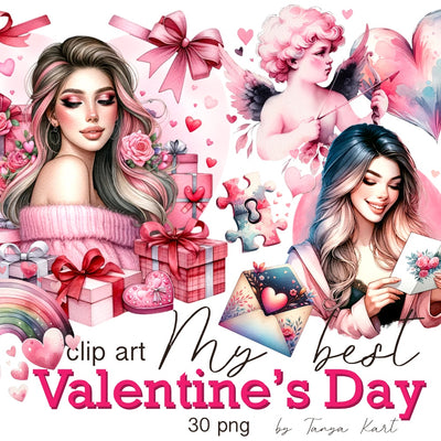 Girls Valentine Clipart Set, Digital Art Downloads