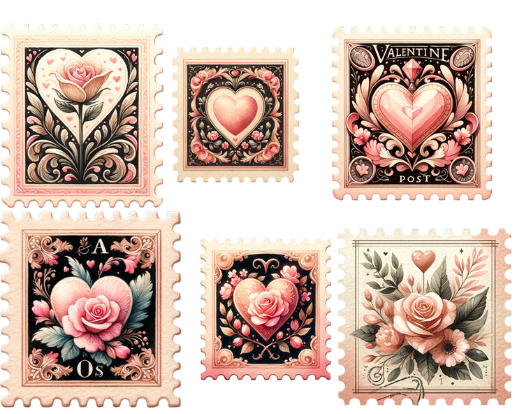 Valentine's Day Retro Clip Art with Vintage Stamps, Postage