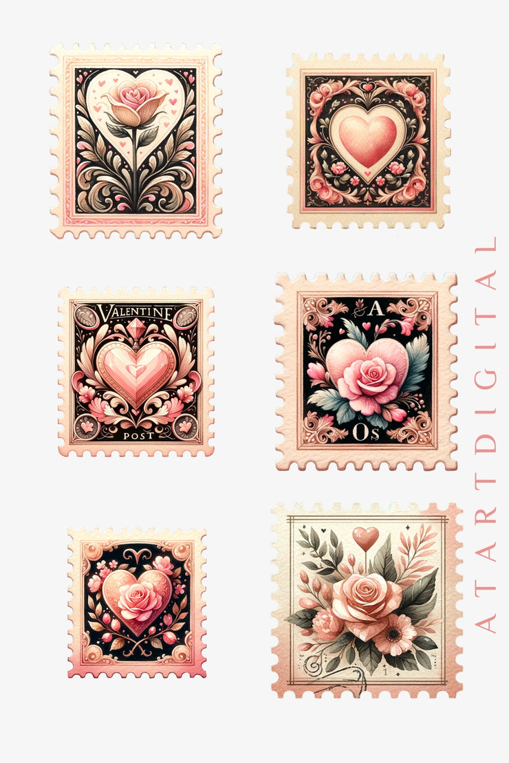 Valentine's Day Retro Clip Art with Vintage Stamps, Postage