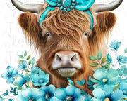 Western Highland Cow With Turquoise Flowers