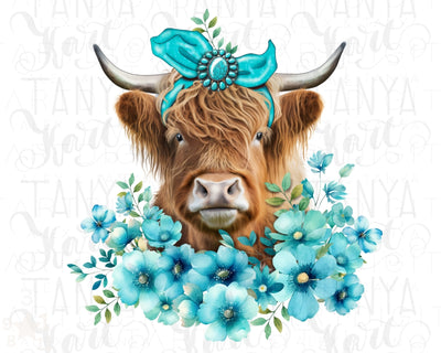 Western Highland Cow With Turquoise Flowers