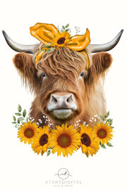 Cow With SunFlowers Png For Sublimation