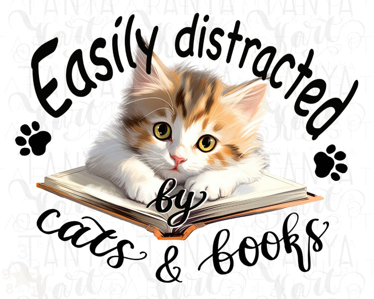 Easily Distracted By Cats And Books Png Instant Download, White Cat On Books