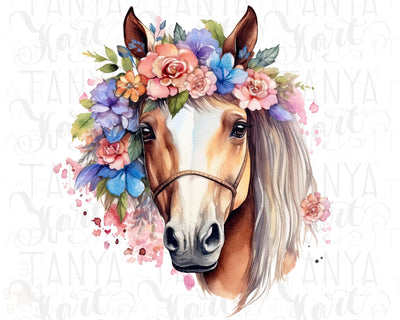Floral Horse Png Watercolor Animal for Planner Stickers, Horse's Head With Flowers Sublimation Design