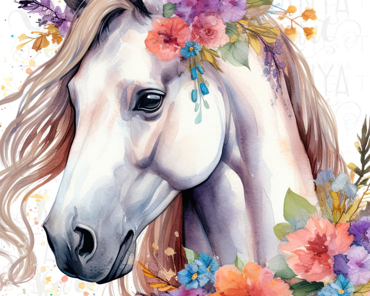 White Horse With Flowers Png for Sublimation