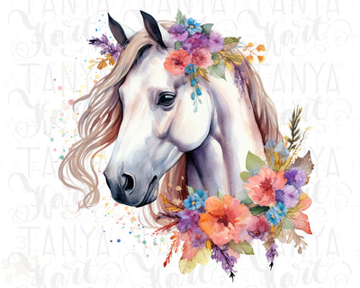 White Horse With Flowers Png for Sublimation