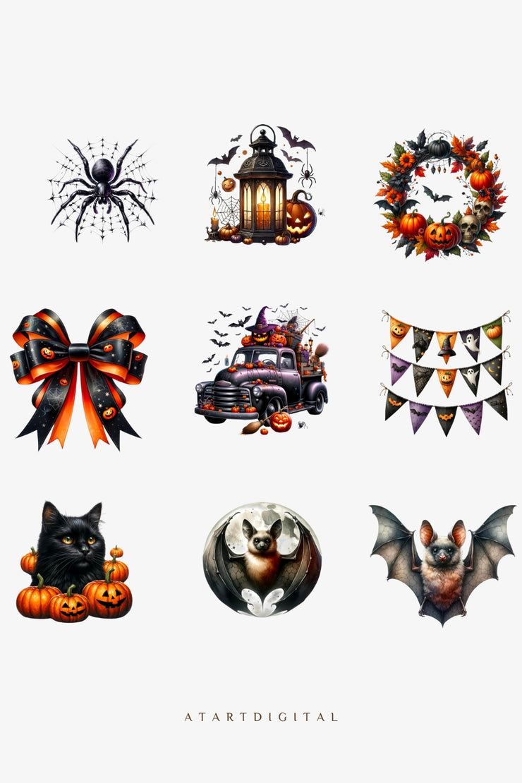 Halloween Clipart | Cat, Truck, Wreath, Lantern, Spider, Bat