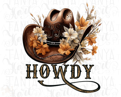 Western Howdy PNG Sublimation Design Download - Cowboy Hat with Flowers