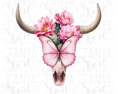 Western Floral Cow Skull PNG with Butterfly