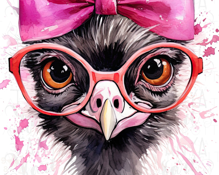 Funny Ostrich PNG with Pink Bow & Glasses