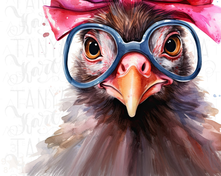 Funny Chicken with Pink Bow and Glasses PNG Sublimation Design