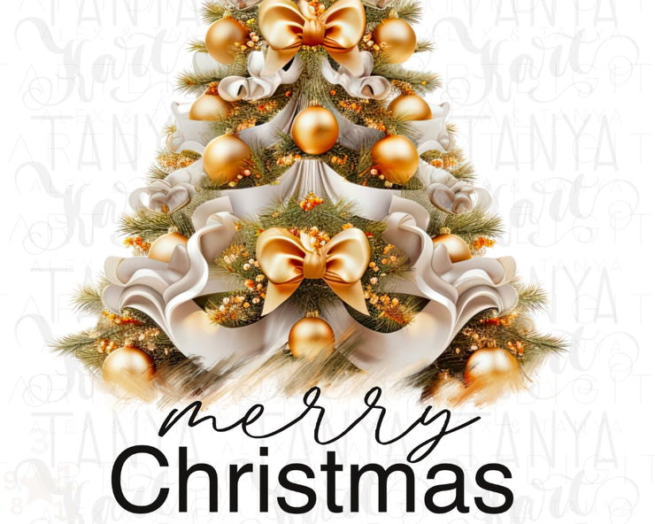 Merry Christmas Gold Tree Png, Sublimation Print for Seasonal Artwork