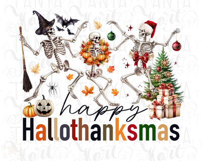 Happy Hallothanksmas PNG, Dancing Skeletons & Seasonal Designs for Shirts